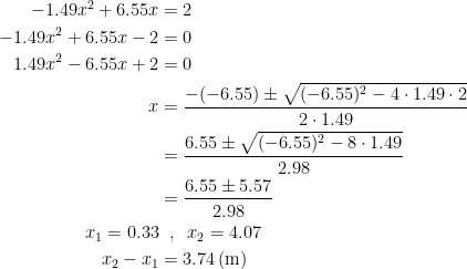 \begin{align*} -1.49x^2+6.55x &= 2 \\ -1.49x^2+6.55x-2 &= 0 \\ 1.49x^2-6.55x+2 &= 0 \\ x &= \frac{-(-6.55)\pm \sqrt{(-6.55)^2-4\cdot 1.49\cdot 2}}{2\cdot 1.49} \\ &= \frac{6.55\pm \sqrt{(-6.55)^2-8\cdot 1.49}}{2.98} \\ &= \frac{6.55\pm 5.57}{2.98} \\ x_1=0.33&\;\;,\;\;x_2=4.07 \\ x_2-x_1 &= 3.74\,\textup{(m)} \end{align*}