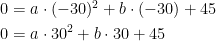 \begin{align*} 0 &= a\cdot (-30)^2+b\cdot (-30)+45 \\ 0 &= a\cdot 30^2+b\cdot 30+45\end{align*}
