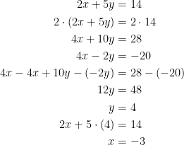 \begin{align*} 2x+5y &= 14 \\ 2\cdot\left ( 2x+5y \right ) &= 2\cdot 14 \\ 4x+10y &= 28 \\ 4x-2y &= -20 \\ 4x-4x+10y-(-2y) &= 28-(-20) \\ 12y &= 48 \\ y &= 4 \\ 2x+5\cdot (4) &= 14 \\ x &= -3 \end{align*}