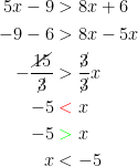 \begin{align*} 5x-9 &> 8x+6 \\ -9-6 &> 8x-5x \\ -\frac{\cancel{15}}{\cancel{3}} &> \frac{\cancel{3}}{\cancel{3}}x \\ -5 &{\color{Red} \;<} \;x \\ -5 &{\color{Green} \;>} \;x \\ x &< -5 \end{align*}