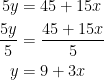 \begin{align*} 5y &= 45+15x \\ \frac{5y}{5} &= \frac{45+15x}{5} \\ y &= 9+3x \end{align*}