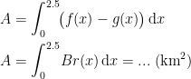 \begin{align*} A &= \int_{0}^{2.5}\!\bigl(f(x)-g(x)\bigr)\,\mathrm{d}x \\A &= \int_{0}^{2.5}\!Br(x)\,\mathrm{d}x= ...\;(\textup{km}^2) \end{align*}