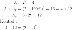 \begin{align*} A &= 2^2=4 \\ A+A_p &= (2+100\%)^2=16=4+12 \\ A_p &= 3\cdot 2^2=12\\ \textup{Kontrol}:\\4+12 &= (2+2)^2 \end{align*}