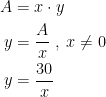 \begin{align*} A &= x\cdot y \\ y &= \frac{A}{x}\;,\;x\neq 0 \\ y &= \frac{30}{x} \end{align*}