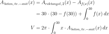 \begin{align*} A_{\,beton,\,tv.-snit}(x) &= A_{rektangel,\,2}(x)-A_{f(x)}(x) \\ &= 30\cdot \left(30-f(30)\right)+\int_{0}^{30}f(x)\,dx \\ V &= 2\pi\cdot \int_{0}^{30}x\cdot A_{\,beton,\,tv.-snit}(x)\,dx \end{align*}