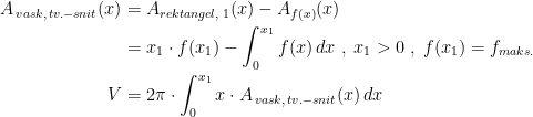 \begin{align*} A_{\,vask,\,tv.-snit}(x) &= A_{rektangel,\;1}(x)-A_{f(x)}(x) \\ &= x_1\cdot f(x_1)-\int_{0}^{x_1}f(x)\,dx\;,\;x_1>0\;,\;f(x_1)=f_{maks.} \\ V &= 2\pi\cdot \int_{0}^{x_1}x\cdot A_{\,vask,\,tv.-snit}(x)\,dx \end{align*}