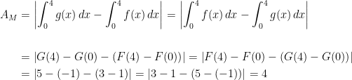 \begin{align*} A_M &= \left |\int_{0}^{4}g(x)\,dx-\int_{0}^{4}f(x)\,dx \right | = \left |\int_{0}^{4}f(x)\,dx-\int_{0}^{4}g(x)\,dx \right | \\ \\ &= \left |G(4)-G(0)-\left (F(4)-F(0) \right ) \right | = \left |F(4)-F(0)-\left (G(4)-G(0) \right ) \right | \\ &= \left | 5-(-1)-(3-1) \right | =\left | 3-1-(5-(-1)) \right |=4 \end{align*}