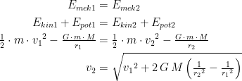 \begin{align*} E_{mek1} &= E_{mek2} \\ E_{kin1}+E_{pot1} &= E_{kin2}+E_{pot2} \\ \tfrac{1}{2}\cdot m\cdot {v_1}^2-\tfrac{G\,\cdot\, m\,\cdot\, M}{r_1} &= \tfrac{1}{2}\cdot m\cdot {v_2}^2-\tfrac{G\,\cdot\, m\,\cdot\, M}{r_2} \\ v_2 &= \sqrt{{v_1}^2+2\,G\,M\left ( \tfrac{1}{{r_2}^2}-\tfrac{1}{{r_1}^2} \right )} \end{align*}