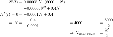 \begin{align*} N'(t) &= 0.00005\,N\cdot (8000-N) \\ &= -0.00005N^2+0.4N \\ N''(t)=0 &= -0.0001\,N+0.4 \\ \Rightarrow N &= -\frac{0.4}{0.0001} &&= 4000 &&=\frac{8000}{2} \\ &&&\Rightarrow N_{maks.\,v\ae kst} &&=\frac{M}{2} \end{align*}