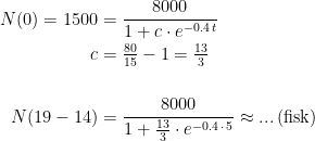 \begin{align*} N(0)=1500 &= \frac{8000}{1+c\cdot e^{-0.4\,t}} \\ c &= \tfrac{80}{15}-1=\tfrac{13}{3} \\\\ N(19-14) &= \frac{8000}{1+\tfrac{13}{3}\cdot e^{-0.4\,\cdot\,5}}\approx ...\,(\textup{fisk}) \end{align*}