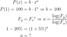 \begin{align*} P(x) &= b\cdot x^{a} \\ P(1)=100 &= b\cdot 1^{a}\Rightarrow b=100 \\ F_y &= {F_x}^{a}\Rightarrow a=\frac{\log(F_y)}{\log(F_x)} \\ 1-20\% &= (1+5\%)^{a} \\ a &= \;? \end{align*}