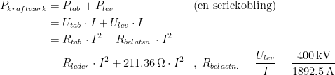 \begin{align*} P_{kraftv\ae rk} &= P_{tab}+P_{lev} &&\textup{(en seriekobling)} \\ &= U_{tab}\cdot I+U_{lev}\cdot I \\ &= R_{tab}\cdot I^2+R_{belatsn.}\cdot I^2 \\ &= R_{leder}\cdot I^2+211.36\,\Omega\cdot I^2 &&,\; R_{belastn.}=\frac{U_{lev}}{I}=\frac{400\,\textup{kV}}{1892.5\,\textup{A}} \end{align*}