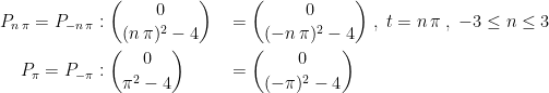 \begin{align*} P_{n\,\pi}=P_{-n\,\pi}&:\binom{0}{(n\,\pi)^2-4} &&=\binom{0}{(-n\,\pi)^2-4}\;,\;t=n\,\pi\;,\;-3\leq n\leq 3 \\ P_{\pi}=P_{-\pi}&:\binom{0}{\pi^2-4} &&=\binom{0}{(-\pi)^2-4} \end{align*}