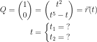 \begin{align*} Q=\binom{1}{0} &= \binom{t^2}{t^5-t}=\vec{r}(t) \\ t &= \left\{\begin{matrix} t_1=\;?\\ t_2=\;?\end{matrix}\right. \end{align*}