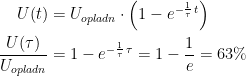 \begin{align*} U(t) &= U_{opladn}\cdot \left (1-e^{-\frac{1}{\tau }\,t} \right ) \\ \frac{U(\tau)}{U_{opladn}} &= 1-e^{-\frac{1}{\tau}\,\tau}= 1-\frac{1}{e}= 63\% \end{align*}