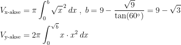 \begin{align*} V_{\text{x-akse}} &= \pi \int_{0}^{b}\sqrt{x}^{\,2}\,dx \;,\;b=9-\frac{\sqrt{9}}{\tan(60^{\circ})}=9-\sqrt{3} \\ V_{\text{y-akse}} &= 2\pi \int_{0}^{\sqrt{b}}x \cdot x^2\,dx \end{align*}