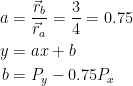 \begin{align*} a &= \frac{\vec{r}_b}{\vec{r}_a}=\frac{3}{4}=0.75 \\ y &= ax+b \\ b &= P_y-0.75P_x \end{align*}