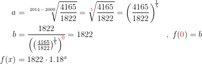 \begin{align*} a &= \sqrt[2014\,-\,2009]{\frac{4165}{1822}}=\sqrt[{\color{Red} 5}]{\frac{4165}{1822}}=\left (\frac{4165}{1822} \right )^{\!\frac{1}{5}} \\ b &= \frac{1822}{\left (\left (\frac{4165}{1822} \right )^{\!\frac{1}{5}} \right )^{\!\color{Red} 0}} =1822 &&,\;f({\color{Red} 0})=b \\ f(x) &= 1822\cdot 1.18^x \\ \end{align*}