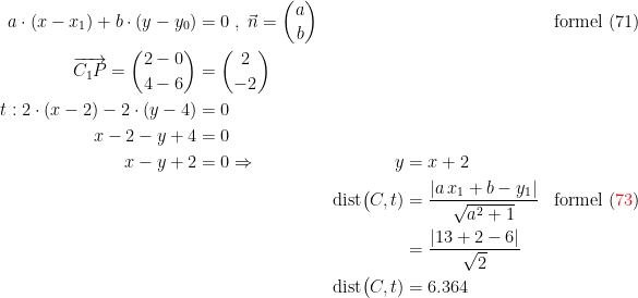 \begin{align*} a\cdot (x-x_1)+b\cdot (y-y_0) &= 0\;,\;\vec{n}=\binom{a}{b} &&&\textup{formel (71)} \\ \overrightarrow{C_1P}=\binom{2-0}{4-6} &= \binom{2}{-2} \\ t:2\cdot (x-2)-2\cdot (y-4) &= 0 \\ x-2-y+4 &= 0 \\ x-y+2 &= 0 \Rightarrow & y &= x+2 \\ &&\textup{dist}\bigl(C,t) &= \frac{\left | a\,x_1+b-y_1 \right |}{\sqrt{a^2+1}} &\textup{formel ({\color{Red} 73})} \\ &&&= \frac{\left | 13+2-6 \right |}{\sqrt{2}} \\ &&\textup{dist}\bigl(C,t) &= 6.364 \end{align*}