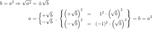 \begin{align*} b=a^2\Rightarrow \sqrt{a^2} &= \pm \sqrt{b} \\ a &= \left\{\begin{matrix}+\sqrt{b}\\ -\sqrt{b} \end{matrix}\right. \;,\;\left\{\begin{matrix} \left (+\sqrt{b}\right )^{2}&=&1^2\cdot \left ( \sqrt{b}\right )^2\\ \left (-\sqrt{b}\right )^{2}&=&(-1)^2\cdot \left (\sqrt{b}\right )^2 \end{matrix}\right\}=b=a^2 \end{align*}