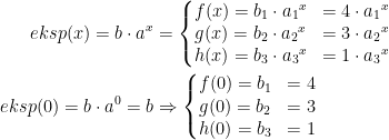 \begin{align*} eksp(x)=b\cdot a^{x} &= \left\{\begin{matrix}f(x)=b_1\cdot {a_1}^{x} &= 4\cdot {a_1}^{x}\\ g(x)=b_2\cdot {a_2}^{x} &= 3\cdot {a_2}^{x}\\ h(x)=b_3\cdot {a_3}^{x} &=1\cdot {a_3}^{x}\end{matrix}\right. \\ eksp(0)=b\cdot a^0=b &\Rightarrow \left\{\begin{matrix}f(0)=b_1 &= 4\\ g(0)=b_2 &= 3\\ h(0)=b_3 &= 1\end{matrix}\right. \end{align*}