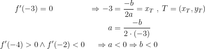 \begin{align*} f'(-3) &= 0 &\Rightarrow -3&=\frac{-b}{2a}=x_T\;,\;T=(x_T,y_T) \\ &&a&=\frac{-b}{2\cdot (-3)} \\ f'(-4) >0 &\wedge f'(-2) <0 &\Rightarrow a&<0 \Rightarrow b<0 \end{align*}