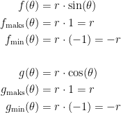 \begin{align*} f(\theta ) &= r\cdot \sin(\theta ) \\ f_\textup{maks}(\theta ) &= r\cdot 1=r \\ f_\textup{min}(\theta ) &= r\cdot (-1)=-r \\\\ g(\theta ) &= r\cdot \cos(\theta ) \\ g_\textup{maks}(\theta ) &= r\cdot 1=r \\ g_\textup{min}(\theta ) &= r\cdot (-1)=-r \end{align*}