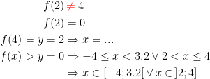 \begin{align*} f(2) &{\color{Red} \,\neq}\;4 \\ f(2) &= 0 \\ f(4)=y=2&\Rightarrow x=... \\ f(x)>y=0&\Rightarrow -4\leq x<3.2\vee 2<x\leq 4 \\ &\Rightarrow x \in[-4;3.2[\,\vee \,x\in \,]2;4] \end{align*}