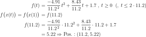 \begin{align*} f(t) &= \frac{-4.91}{11.2^{\,2}}\,t^2+\frac{8.43}{11.2}\,t+1.7\;,\;t\geq 0\;\;(,\;t\leq 2\cdot 11.2) \\ f\bigl(x(t)\bigr)=f\bigl(x(1)\bigr) &= f(11.2) \\ f(11.2) &= \frac{-4.91}{11.2^{\,2}}\cdot 11.2^2+\frac{8.43}{11.2}\cdot 11.2+1.7 \\ &= 5.22\Rightarrow \text{Pos.}:(11.2,5.22) \end{align*}