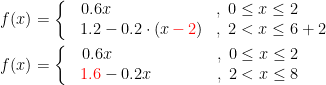 \begin{align*} f(x) &= \left\{\begin{matrix} &0.6x\qquad\qquad\quad\;\; &,\;0\leq x\leq 2\quad\;\;\, \\ &1.2-0.2\cdot \left (x{\color{Red} \,-\,2} \right ) &,\;2< x\leq 6+2 \end{matrix}\right. \\ f(x) &= \left\{\begin{matrix} &0.6x\qquad\qquad\quad\;\, &,\;0\leq x\leq 2\quad\;\;\, \\ &{\color{Red} 1.6}-0.2x \qquad\quad\, &,\;2< x\leq 8\quad\;\;\, \end{matrix}\right. \end{align*}