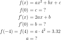 \begin{align*} f(x) &= ax^2+bx+c \\ f(0) &= c=\;? \\ f'(x) &= 2ax+b \\ f'(0) &= b=\;? \\ f(-4)=f(4) &= a\cdot 4^2=3.32 \\ a &= \;? \end{align*}