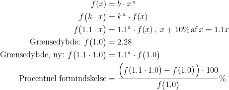 \begin{align*} f(x) &= b\cdot x^{\,a} \\ f\bigl(k\cdot x\bigr) &= k^{\,a}\cdot f(x) \\ f\bigl(1.1\cdot x\bigr) &= 1.1^{a}\cdot f(x)\,,\;x+10\%\,\textup{af\,}x=1.1x \\ \textup{Gr\ae nsedybde: }f\bigl(1.0\bigr) &= 2.28 \\ \textup{Gr\ae nsedybde, ny: }f\bigl(1.1\cdot 1.0\bigr) &= 1.1^{a}\cdot f\bigl(1.0\bigr) \\ \textup{Procentuel formindskelse} &= \frac{\Bigl(f\bigl(1.1\cdot 1.0\bigr)-f\bigl(1.0\bigr)\Bigr)\cdot 100}{f\bigl(1.0\bigr)}\% \end{align*}
