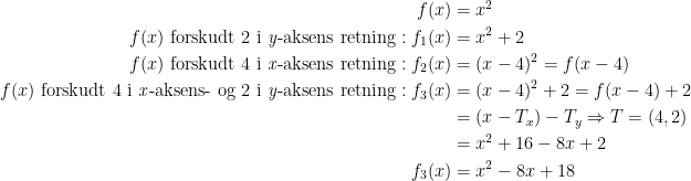 \begin{align*} f(x) &= x^2 \\ f(x) \text{ forskudt 2 i \textit{y}-aksens retning}:f_1(x) &= x^2+2 \\ f(x) \text{ forskudt 4 i \textit{x}-aksens retning}:f_2(x) &= (x-4)^2=f(x-4) \\ f(x) \text{ forskudt 4 i \textit{x}-aksens- og 2 i \textit{y}-aksens retning}: f_3(x) &= (x-4)^2+2=f(x-4)+2 \\ &= (x-T_x)-T_y\Rightarrow T=(4,2) \\ &= x^2+16-8x+2 \\ f_3(x) &= x^2-8x+18 \end{align*}