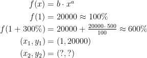 \begin{align*} f(x)&=b\cdot x^{a} \\ f(1) &= 20000\approx 100\% \\ f(1+300\%) &= 20000+\tfrac{20000\,\cdot \,500}{100}\approx600\% \\ (x_1,y_1)&=(1,20000) \\ (x_2,y_2)&=(?,?) \end{align*}