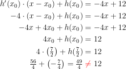 \begin{align*} h'(x_0)\cdot (x-x_0)+h(x_0) &= -4x+12 \\ -4\cdot (x-x_0)+h(x_0) &= -4x+12 \\ -4x+4x_0+h(x_0) &= -4x+12 \\ 4x_0+h(x_0) &= 12\\ 4\cdot \left (\tfrac{7}{2}\right )+h(\tfrac{7}{2}) &= 12\\ \tfrac{56}{4}+\left (-\tfrac{7}{4}\right )=\tfrac{49}{4}&{\color{Red} \;\neq} \;12 \end{align*}