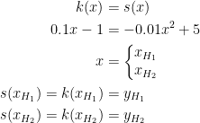 \begin{align*} k(x) &= s(x) \\ 0.1x-1 &= -0.01x^2+5 \\ x &=\left\{\begin{matrix}x_{H_1} \\x_{H_2}\end{matrix}\right. \\ s(x_{H_1})=k(x_{H_1}) &= y_{H_1} \\ s(x_{H_2})=k(x_{H_2}) &= y_{H_2} \end{align*}