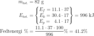 \begin{align*} m_{tot.} &= 82 \text{ g} \\ E_{tot.} &= \left\{\begin{matrix} E_{f}=11.1\cdot 37\\ E_{k}=30.4\cdot 17\\ E_{p}=\;\;4.1\cdot 17 \end{matrix}\right\}= 996 \text{ kJ} \\ \text{Fedtenergi %} &= \frac{11.1\cdot 37\cdot 100}{996}\%=41.2\% \end{align*}