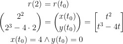 \begin{align*} r(2) &= r(t_0) \\ \binom{2^2}{2^3-4\cdot 2} &= \binom{x(t_0)}{y(t_0)}=\begin{bmatrix} t^2\\ t^3-4t \end{bmatrix} \\ x(t_0)=4&\wedge y(t_0)=0 \end{align*}