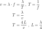 \begin{align*} v=\lambda \cdot f &= \frac{\lambda }{T} \,,\;T=\frac{1}{f} \\ T &= \frac{\lambda }{v} \\ T &= \frac{4\,L}{v}\;,\;L=\frac{\lambda }{4} \end{align*}