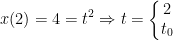 \begin{align*} x(2)=4 &= t^2\Rightarrow t=\left\{\begin{matrix} 2\\t_0 \end{matrix}\right. \end{align*}