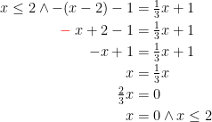 \begin{align*} x\leq 2\wedge -(x-2)-1 &= \tfrac{1}{3}x+1 \\ {\color{Red} -}\;x+2-1 &= \tfrac{1}{3}x+1 \\ -x+1 &= \tfrac{1}{3}x+1 \\ x &= \tfrac{1}{3}x \\ \tfrac{2}{3}x &= 0 \\x&= 0\wedge x\leq 2 \end{align*}