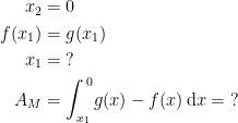 \begin{align*} x_2 &= 0 \\ f(x_1) &= g(x_1) \\ x_1 &= \;? \\ A_M &= \int_{x_1}^{\,0}\!g(x)-f(x)\,\mathrm{d}x=\;? \end{align*}
