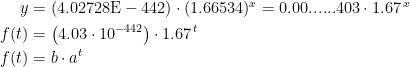 \begin{align*} y &= \left (4.02728\textup{E}-442 \right )\cdot (1.66534)^{x}=0.00......403\cdot 1.67^{\,x} \\ f(t) &= \left (4.03\cdot 10^{-442} \right )\cdot 1.67^{\,t} \\ f(t) &= b\cdot a^t \end{align*}