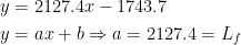 \begin{align*} y &= 2127.4x-1743.7 \\ y &= ax+b\Rightarrow a=2127.4=L_f \end{align*}