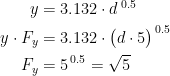 \begin{align*} y &= 3.132\cdot d^{\;0.5} \\ y\cdot F_y &= 3.132\cdot \bigl(d\cdot 5\bigr)^{\,0.5} \\ F_y &= 5^{\,0.5}=\sqrt{5} \end{align*}