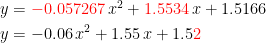 \begin{align*} y &={\color{Red} -0.057267}\,x^2+{\color{Red} 1.5534}\,x+1.5166 \\ y &=-0.06\,x^2+1.55\,x+1.5{\color{Red} 2} \end{align*}