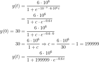 \begin{align*} y(t) &= \frac{6\cdot 10^{6}}{1+e^{-10^{-7}\,\cdot\, 6\cdot 10^{6}\,t}} \\ &= \frac{6\cdot 10^{6}}{1+c\cdot e^{-0.6\,t}} \\ y(0)=30 &= \frac{6\cdot 10^{6}}{1+c\cdot e^{-0.6\,\cdot\,0}} \\ 30 &= \frac{6\cdot 10^{6}}{1+c}\Rightarrow c=\frac{6\cdot 10^{6}}{30}-1=199999 \\ y(t) &= \frac{6\cdot 10^{6}}{1+199999\cdot e^{-0.6\,t}} \end{align*}