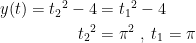 \begin{align*} y(t)={t_2}^2-4 &= {t_1}^2-4 \\ {t_2}^2 &= \pi^2\;,\;t_1=\pi \end{align*}