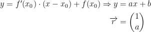 \begin{align*} y= f'(x_0)\cdot (x-x_0)+f(x_0) \Rightarrow y&=ax+b \\ \overrightarrow{r}&=\binom{1}{a} \end{align*}