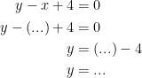 \begin{align*} y-x+4 &= 0 \\ y-(...)+4 &= 0 \\ y &= (...)-4 \\ y &=... \end{align*}